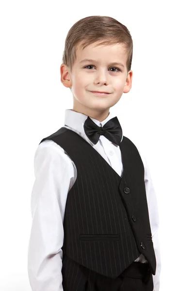 Boy Obleku Úsměvy Izolovaných Bílém Pozadí — Stock fotografie