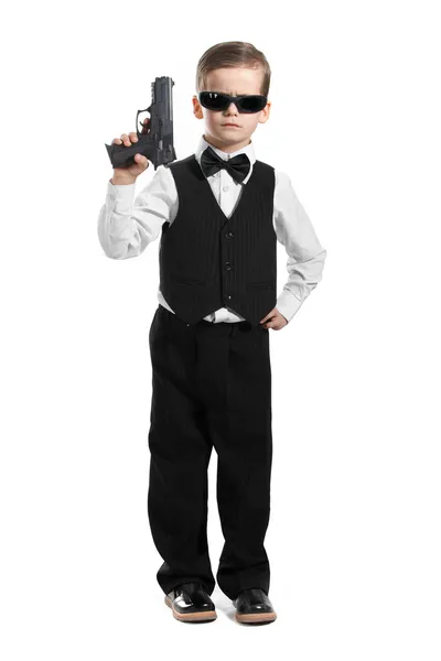 Junge Mit Waffe Auf Weißem Hintergrund — Stockfoto