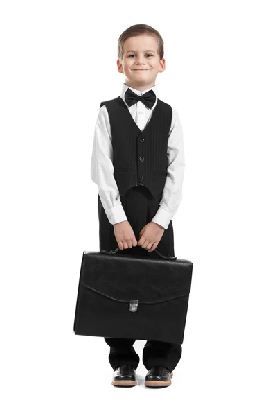 Хлопчик Тримає Портфель Ізольовано Білому Тлі — стокове фото