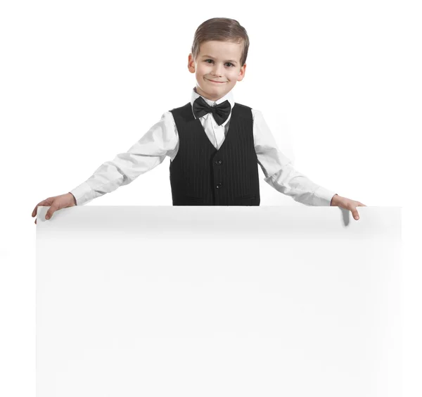 Chlapec Drží Transparent Izolovaných Bílém Pozadí — Stock fotografie