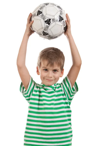 男孩抱着足球球被隔绝在白色背景上 — 图库照片