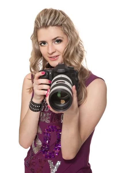 Bir fotoğraf makinesi ile kız — Stok fotoğraf