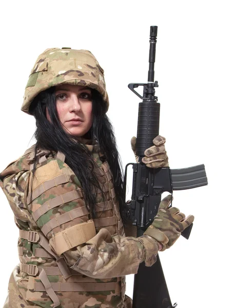 Beautiful army girl with rifle — Stock Photo, Image