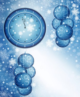 White and blue winter background with clock, balls, snowflakes clipart