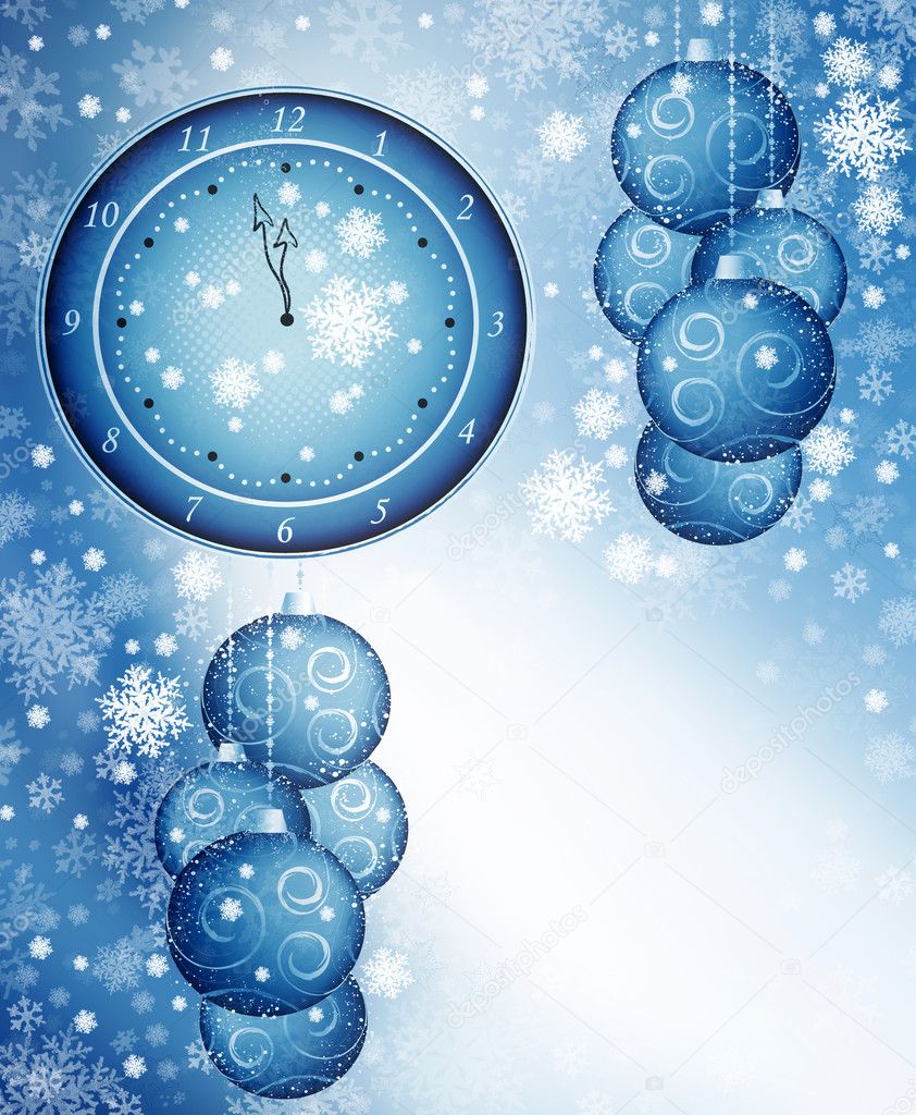 White and blue winter background with clock, balls, snowflakes