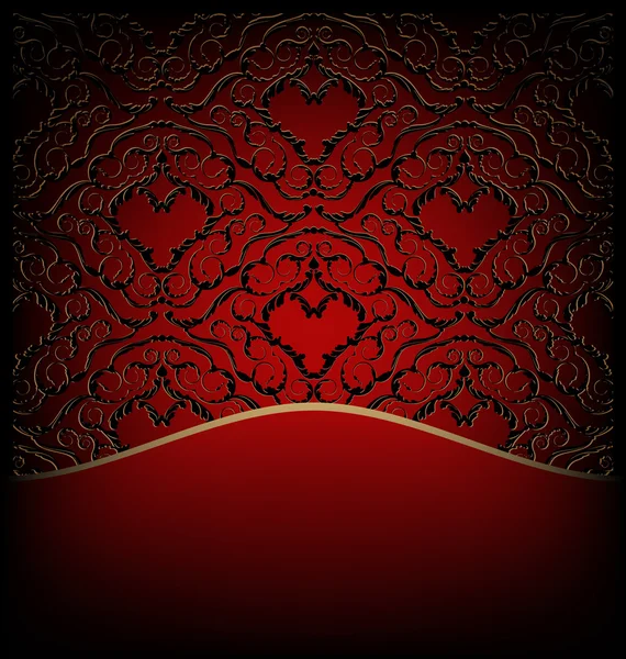 Valentines Zlatý Černý Ornament Srdce Pozadí Červené Mřížky — Stockový vektor