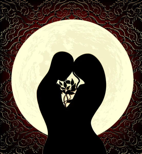 恋人たちのシルエット 大きな満月と飾り — ストックベクタ