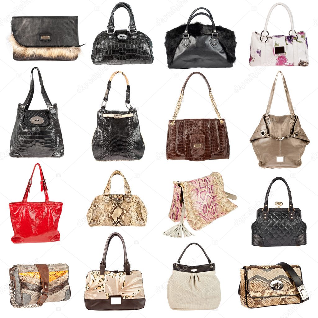 Female leather handbags on a white background