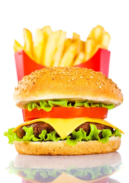 Smakelijke Hamburger Franse Frietjes Een Witte Achtergrond — Stockfoto