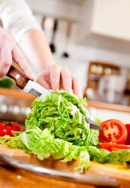 Vrouw handen snijden groenten — Stockfoto