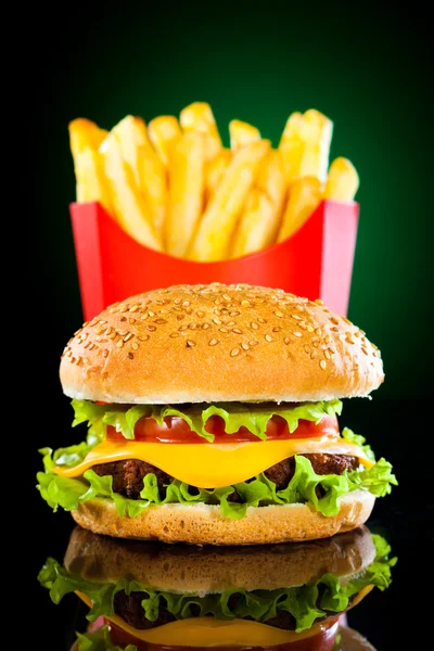 Tasty hamburger and french fries — Stock Photo, Image