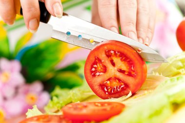 Woman's hands cutting vegetables clipart