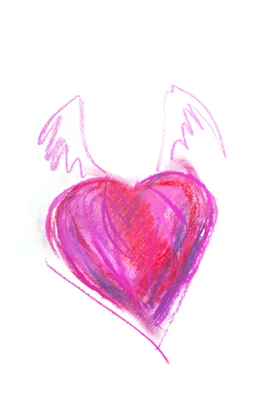 Drawing of red heart with wings by pastel — Stock Photo, Image
