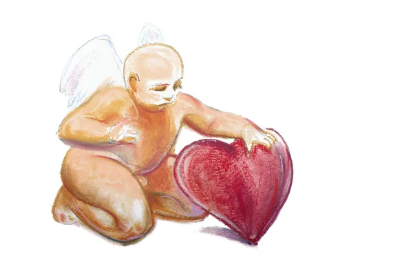 赤ちゃんキューピッド天使の羽と心のパステルで描く — ストック写真