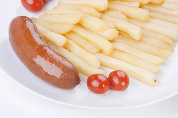 Sausage with a fried potato — Stock Photo, Image