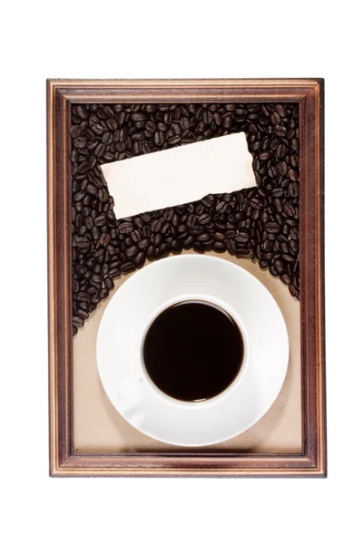 Houten Frame Met Papieren Ambachtelijke Achtergrond Met Een Kopje Koffie — Stockfoto