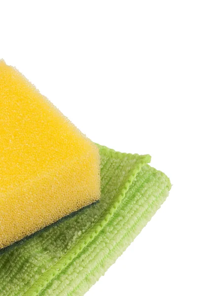 Tecido Pano Verde Com Esponja Amarela Sintética Para Limpar Sala — Fotografia de Stock
