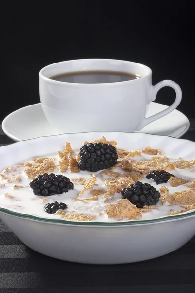Light Morning Meal Cereals Berries Blackberry Milk Coffee Cup — Stock Photo, Image