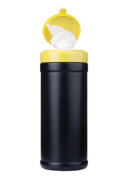 Serviette Zum Reinigen Einem Kunststoffbehälter Mit Weißem Hintergrund — Stockfoto