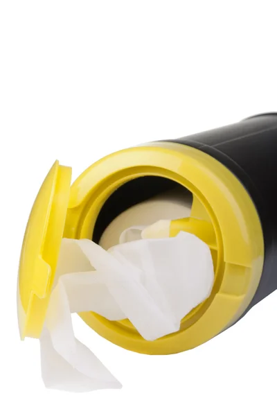 Serviette Zum Reinigen Einem Kunststoffbehälter Mit Weißem Hintergrund — Stockfoto