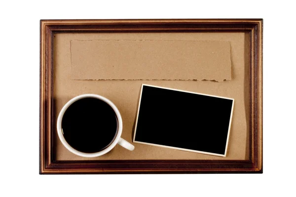Dřevěný Rám Papír Řemesla Pozadí Šálkem Kávy — Stock fotografie
