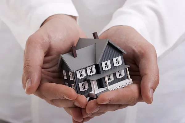 Man White Holding Model House His Hands — Stock Photo, Image