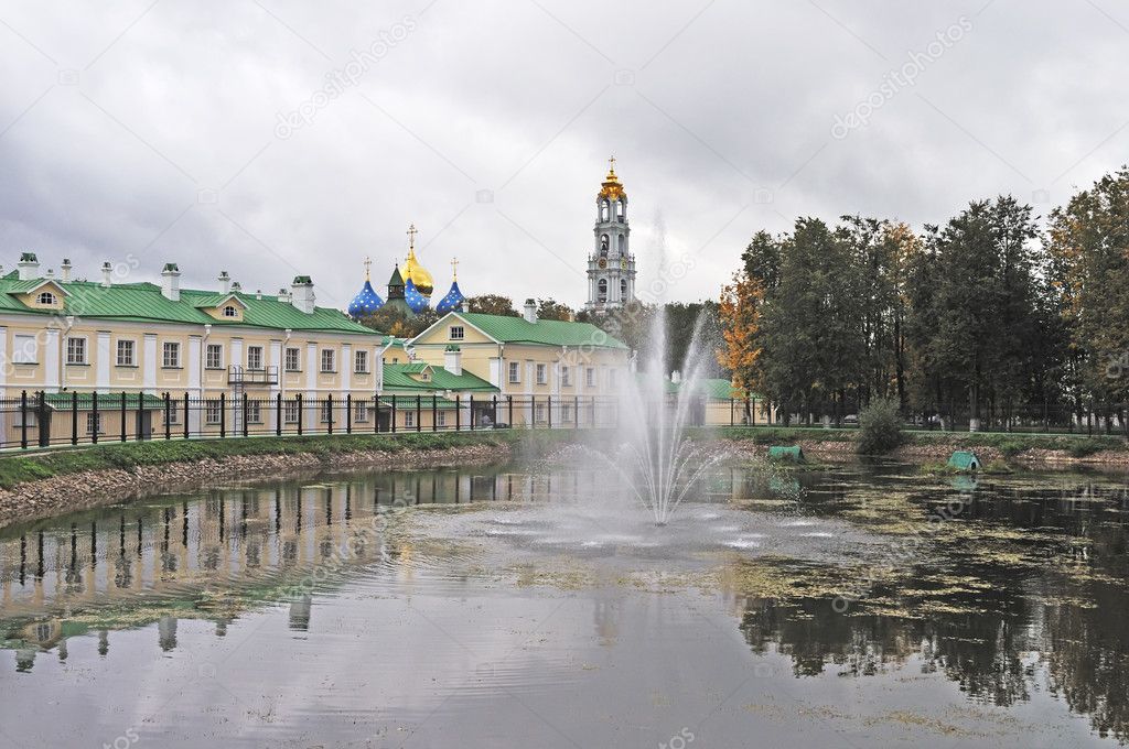 Monastic pond with fountain in Sergiev Posad, Russia