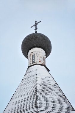 Cupola of ancient church in winter time, Ferapontovo village, Russia