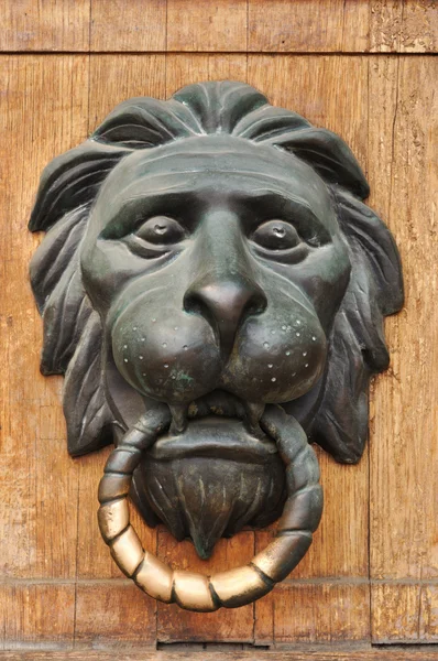 Doorknocker Brązu Głowa Lwa Drewniane Tła — Zdjęcie stockowe