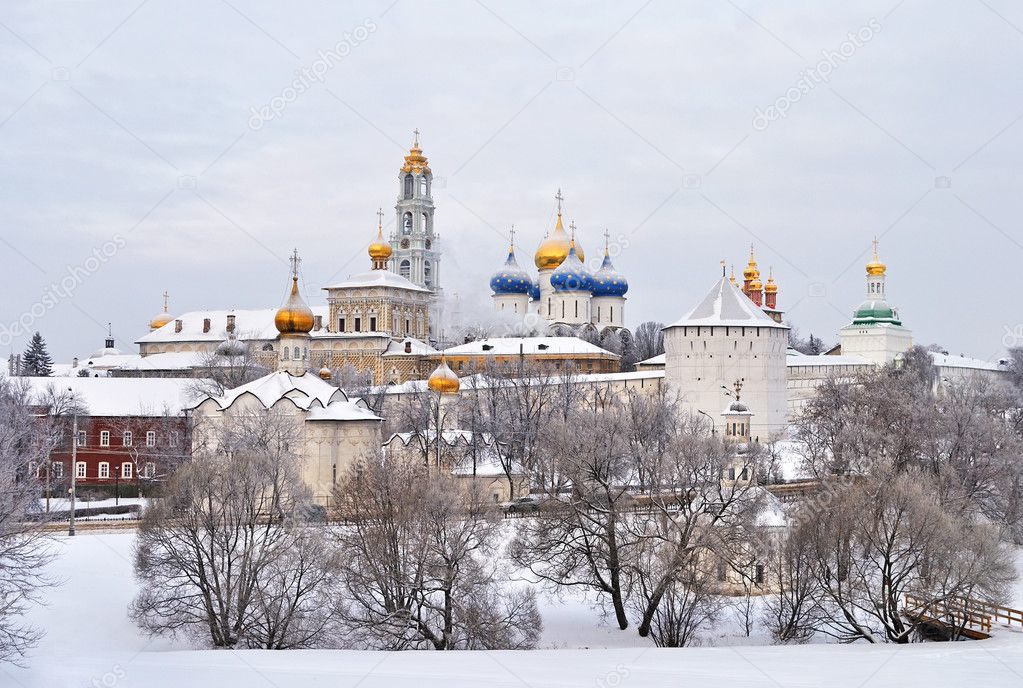 View of Trinity Lavra of Saint Sergius in winter, Sergiev Posad city, Russia
