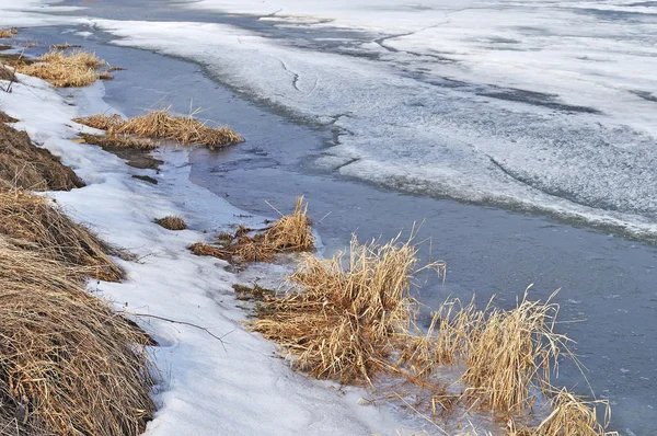 Gelo derretido na margem do rio — Fotografia de Stock