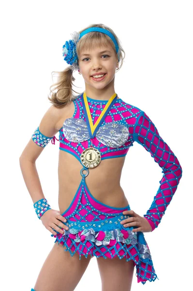 Adolescente ginasta menina com uma medalha — Fotografia de Stock
