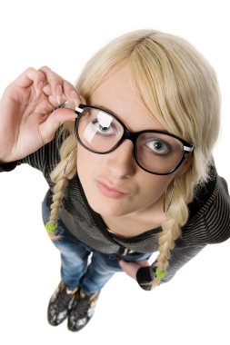 Pretty young woman with glasses looks like as nerdy girl, humor clipart