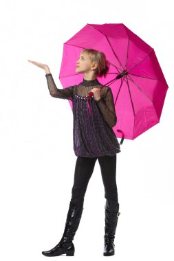 Pretty girl with pink umbrella. Isolated over white clipart