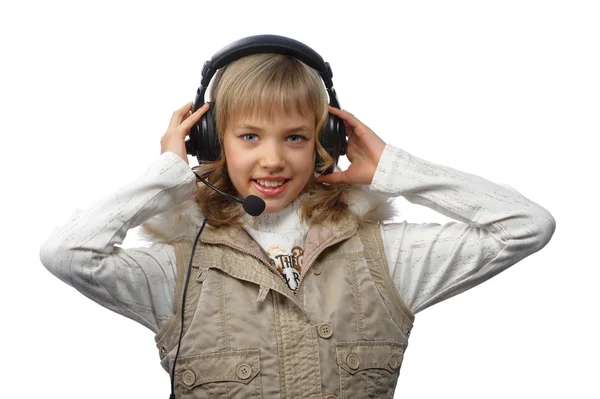 Blond tonårstjej i hörlurar — Stockfoto