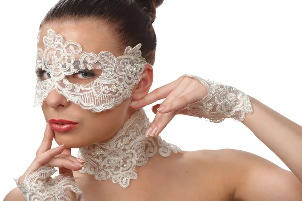 Vacker kvinna med anbud ansikte i spets mask över hennes ögon Royaltyfria Stockfoton