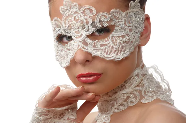 Szép nő, pályázati arca csipke maszk a szemére — Stock Fotó