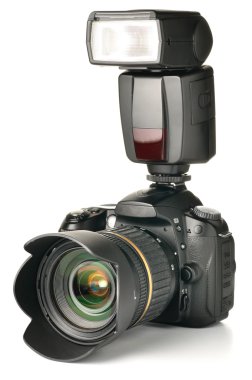 Photo camera with an external flash attached clipart