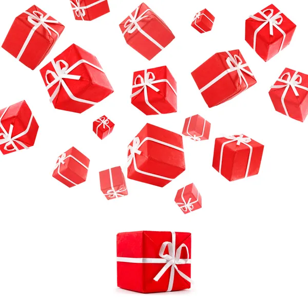 Vliegende rode geschenkdozen — Stockfoto