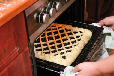 Woman is cooking a blueberry pie in home oven clipart