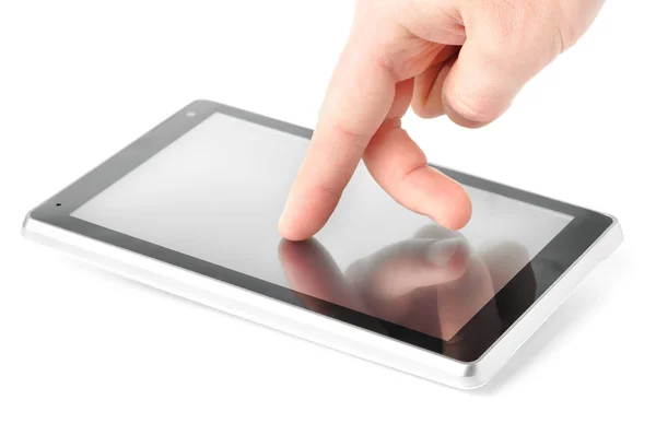 Dedos masculinos está usando computador tela sensível ao toque — Fotografia de Stock