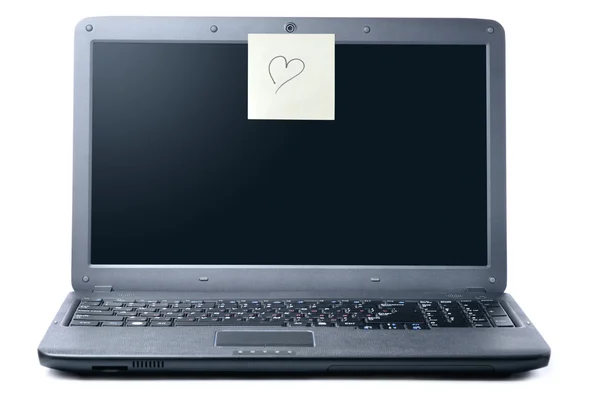 Laptop with valentine sticky note isolated on white — Stock Photo, Image
