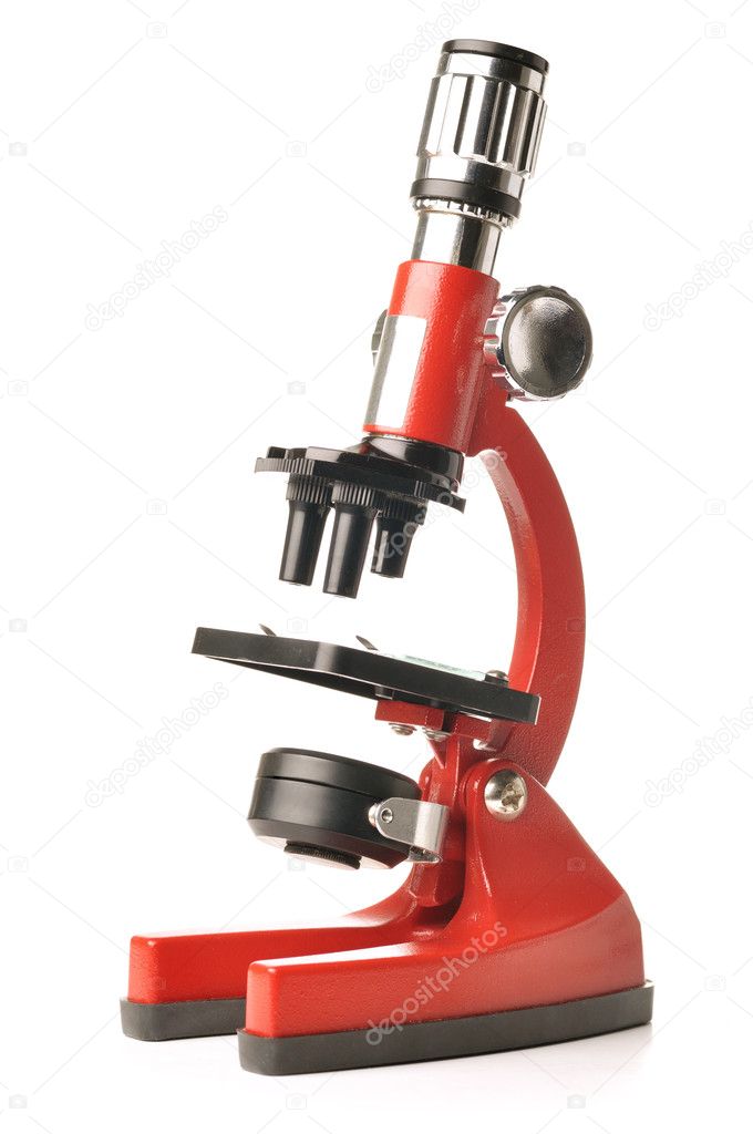Red microscope isolated on white background