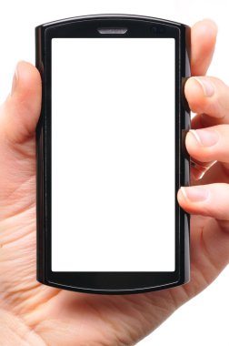 Female hand is holding a modern touch screen phone. Screen is cu clipart