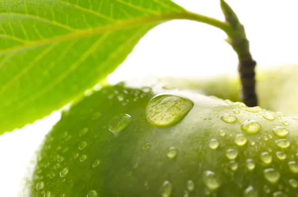 Fresca manzana húmeda verde con hoja, abuela smith macro shot — Foto de Stock
