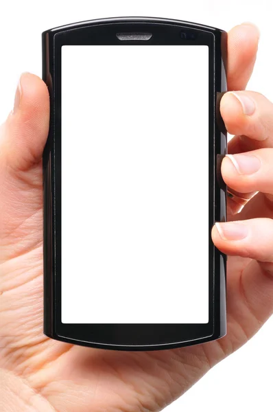 La mano femenina sostiene un teléfono de pantalla táctil moderno. Pantalla es cu —  Fotos de Stock