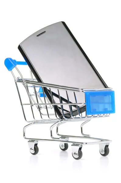 Touch screen phone in shopping cart — Stock Photo, Image