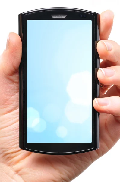 A mão feminina está segurando um telefone de tela sensível ao toque moderno. Tela é cu — Fotografia de Stock