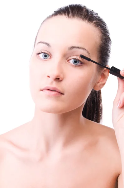 Junge Attraktive Sinnliche Frau Trägt Kosmetik Auf Ihr Gesicht Auf — Stockfoto