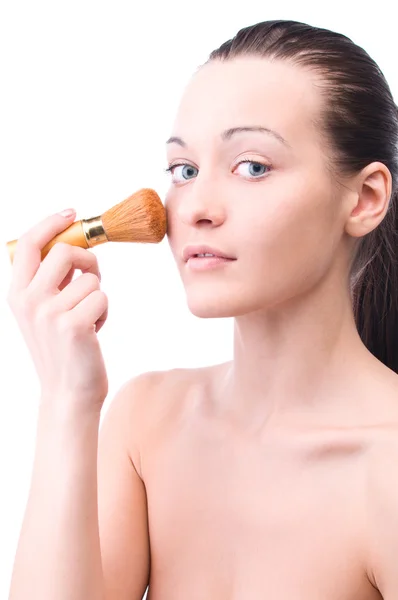 Young Attractive Sensual Woman Applying Cosmetics Her Face Looking Camera — Stock Photo, Image